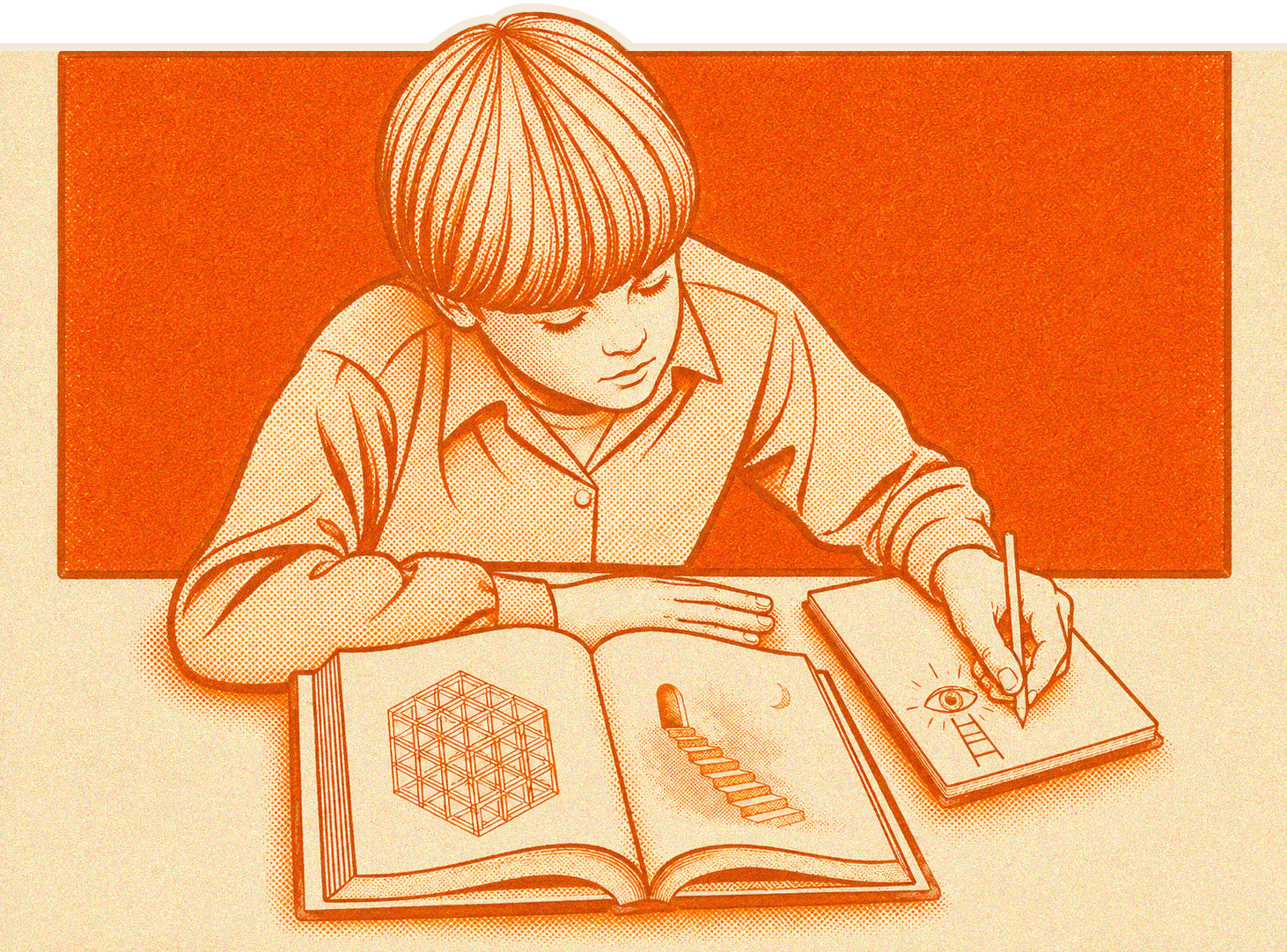 Illustration of a boy drawing symbols in a notebook