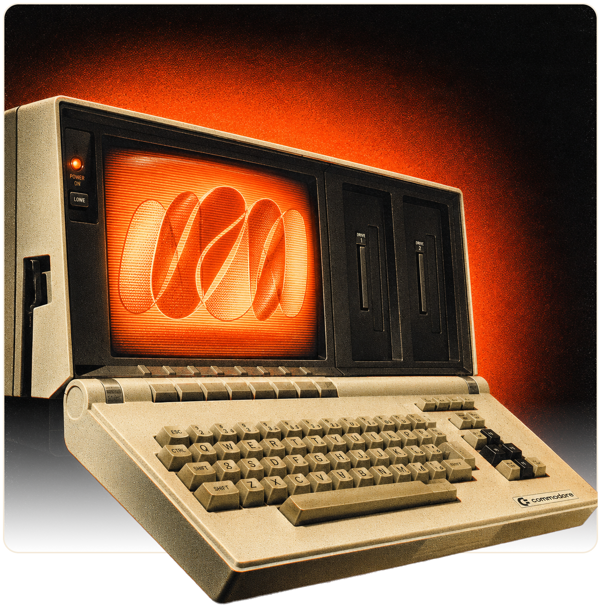Vintage Commodore computer with a glowing orange screen, framed in a rounded card